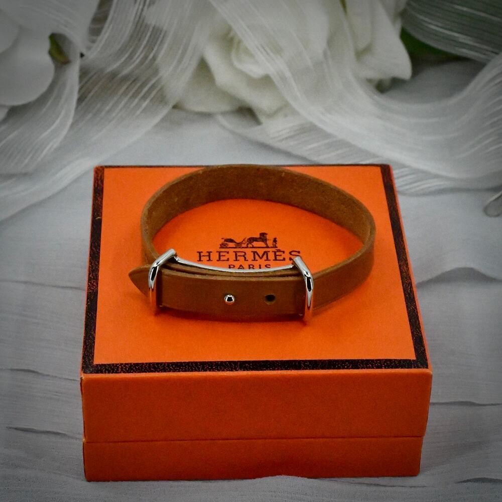 Authentic Hermes Behapi Leather Bracelet Single Tour Tan Silver Buckle Box 6.5"